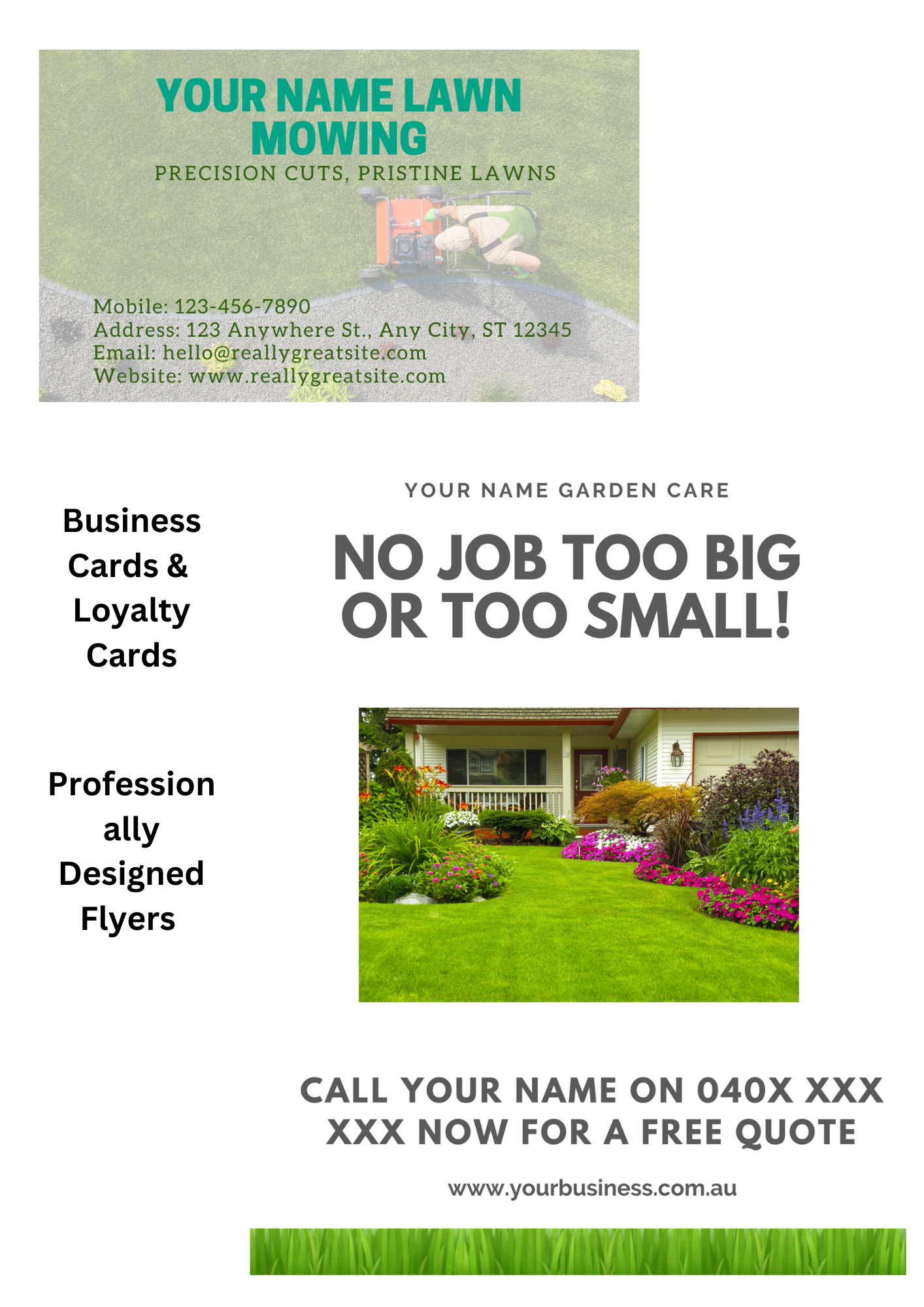get your lawn mowing business started with Business Cards & Loyalty Cards